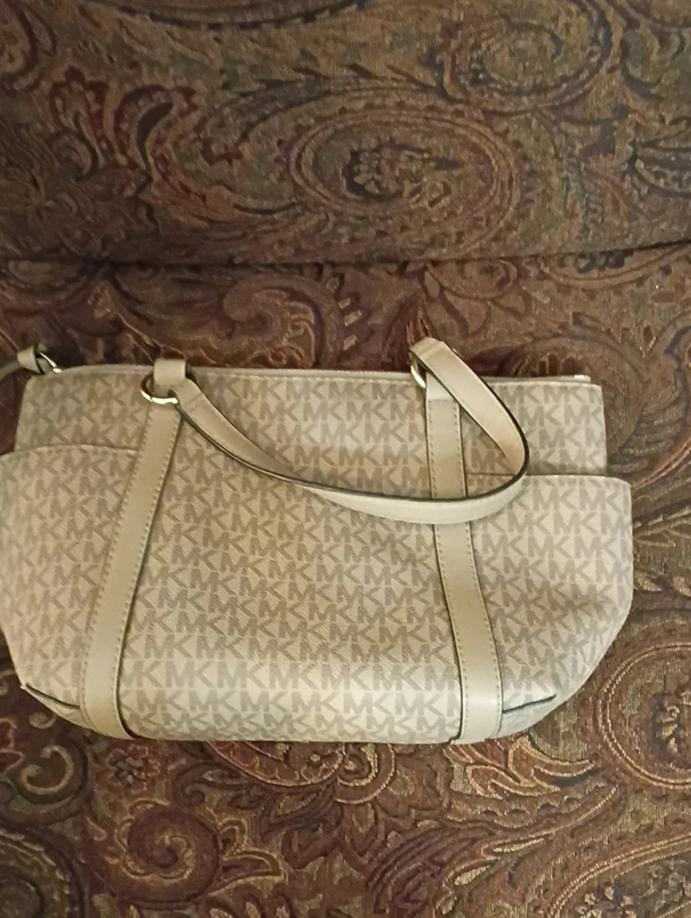 Michael Kors Beige Logo-Print Satchel with Tan Trim